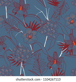 Rero orchid and graden flower mix with dash line leaves seamless pattern vector for fashion fabric and all prints on dark blue  background color