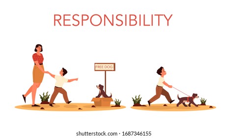 Rersponsibility concept. Mom let her son adopt the dog. Happy boy isresponsible for walking his dog. Parenthood and child rearing concept. Isolated flat illustration