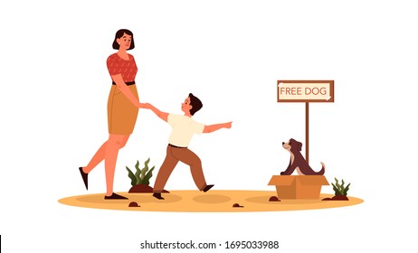 Rersponsibility concept. Mom let her son adopt the dog. Cute dog in a box with , homeless animal, pets adoption. Parenthood and child rearing. Isolated flat illustration