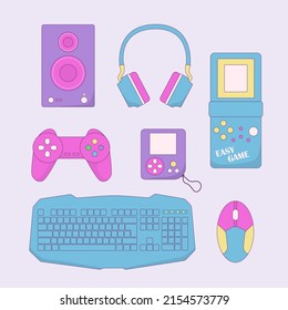 Rerto gamer elements set. Vintage purple computer game equipment vector illustration.