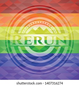 Rerun emblem on mosaic background with the colors of the LGBT flag