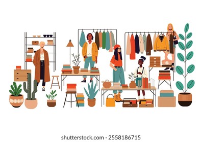 Resale market event where people explore accessories and fashion items. A second-hand shop experience with visitors purchasing clothing and vintage goods at flea market stalls. 