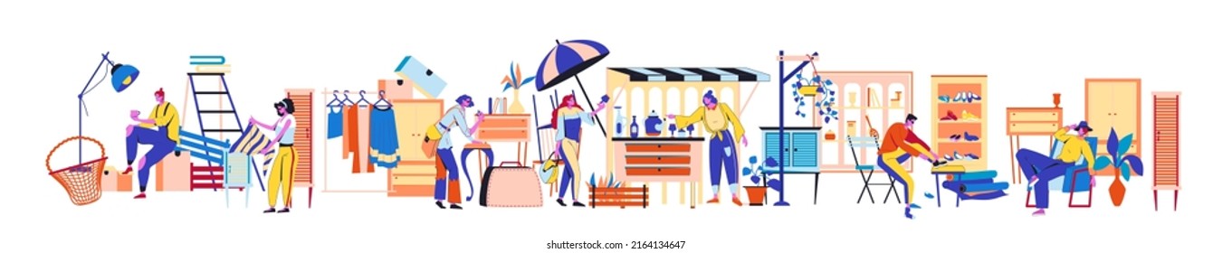 Resale market. Fair charity with choose accessories and fashion stuff. Second Hand shop. People buy clothes or antique goods in flea bazaar stalls. Discount marketplace. Vector sale store