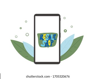 Resale shop hand drawn text emblem. Lettering on phone screen isolated on white background. Vector illustration.