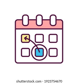 Re-schedule RGB color icon. Re-arrangement for appointment. Time management and event planning. Pre-launch organization. Change project deadline. Date of calendar. Isolated vector illustration