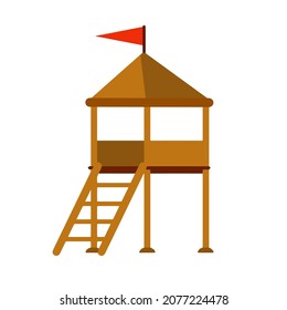Rescue beach tower. Sea life guard tower. Beach lifeguard house. Flat wooden high hut.