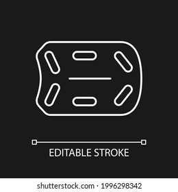 Rescue board white linear icon for dark theme. Water rescue operations. Floatation device. Thin line customizable illustration. Isolated vector contour symbol for night mode. Editable stroke