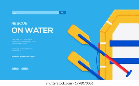 Rescue boat concept flyer, web banner, ui header, enter site. Grain texture and noise effect. Place for text, place for copying. Modern illustration slider site page.