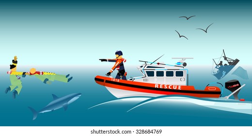 Rescue boat and fishermen at sea. Brigade and rescue team. The collapse. A sinking ship. Shark. Fishing net. Swimmer. Coast security. Vector illustration.