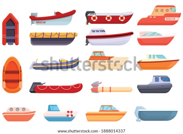 Rescue boat icon set. Cartoon set of rescue boats,\
vector icons for web\
design
