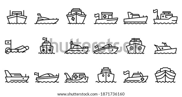 Rescue boat icons\
set. Outline set of rescue boat vector icons for web design\
isolated on white\
background