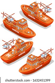 Rescue boat. Isometric. Isolated on white background. Vector illustration.