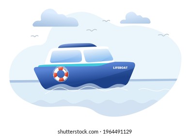 The rescue boat is sailing on the open sea. Clouds float over the boat. A red lifebuoy is attached to the boat. Vector illustration