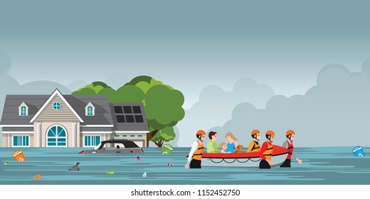Rescue boat team helping people by pushing a boat through a flooded road,  vector illustration.