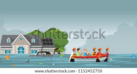 Rescue boat team helping people by pushing a boat through a flooded road,  vector illustration.