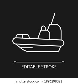 Rescue boat white linear icon for dark theme. Lifeboat for victims rescuing. Survival craft. Thin line customizable illustration. Isolated vector contour symbol for night mode. Editable stroke