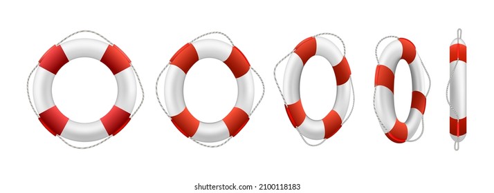 Rescue buoy. Swimming lifebuoy 3d views, white red save life buoys sea emergency equipment, float lifeguard rescue circles lifes isolated, swim lifesaver rings with ropes