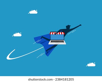 Rescue a business from bankruptcy. Businessman hero flying in the sky with online business