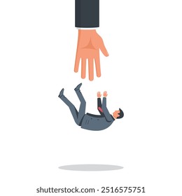 Rescatar a un hombre de negocios. Concepto de ayuda empresarial. Hombre de negocios da una mano de ayuda cayendo hombre. Para ayudar al hombre, metáfora. Diseño plano de Ilustración vectorial. Aislado sobre fondo blanco. 