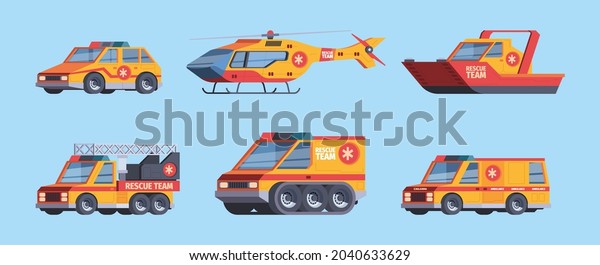 Rescue cars. Lifeguard technics\
emergency vehicles and helicopters paramedic ambulance hospital\
fast trucks garish vector flat pictures set\
isolated