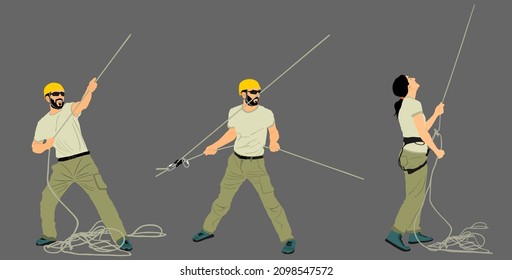 Rescue climber crew workers with rope vector illustration isolated. Rock climbing instructor guides. Extreme sports man and woman climbs. Sport action in adventure park. Alpinist mountain team.