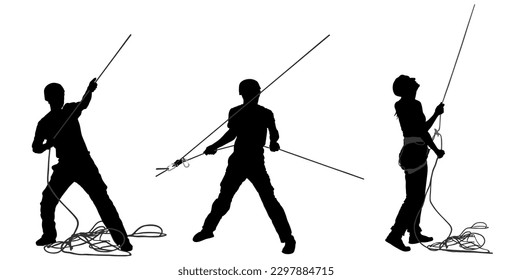 Rescue climber crew workers with rope vector silhouette illustration isolated. Rock climbing instructor. Extreme sports man and woman climbs. Sport action in adventure park. Alpinist mountain team.