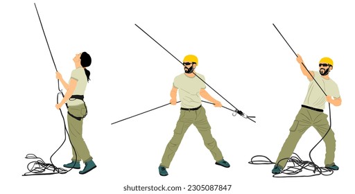 Rescue climber crew workers with rope vector illustration isolated. Rock climbing instructor guides. Extreme sport man and woman climbs. Sport action adventure park. Alpinist mountain team evacuation.