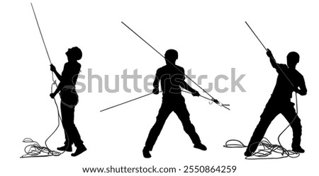 Rescue climber crew workers with rope vector silhouette illustration isolated. Rock climbing instructor. Extreme sports man and woman climbs. Sport action in adventure park. Alpinist mountain team.