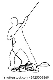 Rescue climber man worker with rope vector line contour silhouette illustration isolated. Rock climbing instructor. Extreme sport man climbs. Sport action in adventure park. Alpinist mountain team.