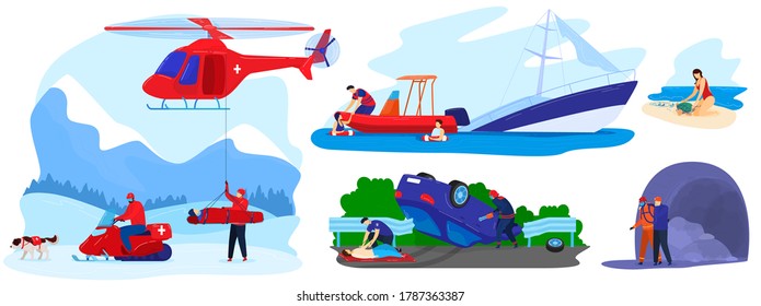 Rescue Disaster Vector Illustration Flat Set. Cartoon Rescuer Team Save Injured Character From Accident, Lifesaver In Emergency Medical Hospital Transport Rescuing People Saving Life Isolated On White