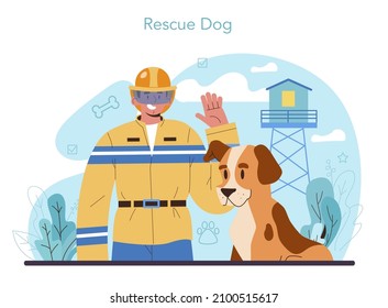 Rescue dog. Dog handler concept. Training exercise for social services dogs. Cute domestic pet helping people. Flat vector illustration