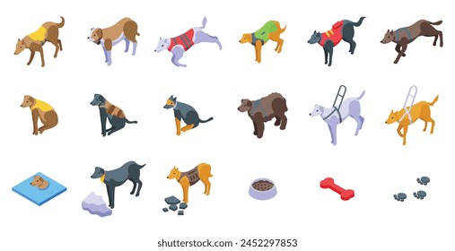 Iconos de perro de rescate conjunto Vector isométrico. Equipo valiente. Heroísmo animal