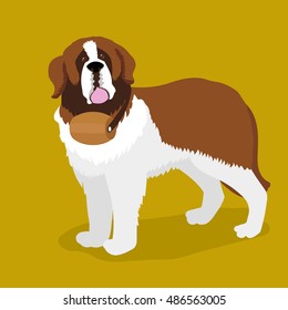 Rescue dog with a keg on his neck. Saint Bernard dog. Cartoon colorful vector illustration