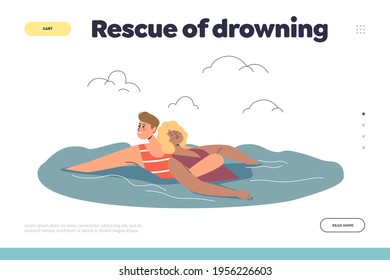 Rescue of drowning concept of landing page with beach lifeguard saving unconscious woman. Ocean emergency situation, safety at sea, first aid. Cartoon flat vector illustration