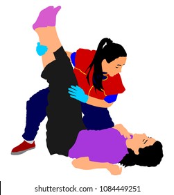 Rescue drowning first aid vector illustration. Patient woman in unconscious. Drunk person overdose party. Sneak attack victim rescue. CPR rescue team. Victim of fire evacuation. Earthquake rescue. 