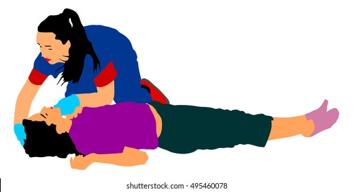 Rescue Drowning First Aid Vector Illustration. Patient Woman In Unconscious. Drunk Person Overdose Party. Sneak Attack Victim Rescue. CPR Rescue Team. Victim Of Fire Evacuation. Earthquake Rescue. 