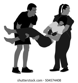 Rescue drowning first aid vector illustration. Patient woman in unconscious. Drunk person overdose party. Sneak attack victim rescue. CPR rescue team. Victim of fire evacuation. Earthquake rescue. 