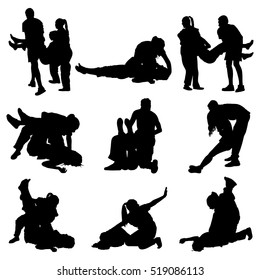 Rescue drowning first aid vector silhouette illustration. Patient rescue. Drunk person overdose after party. Snake attack victim. CPR rescue team. Victim of fire evacuation. Earthquake rescue.