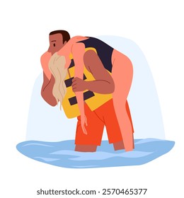 Rescue of drowning girl from sea or ocean water by professional lifeguard. Man in life jacket holding young woman in black bikini to carry and rescue, rescuer assistance cartoon vector illustration