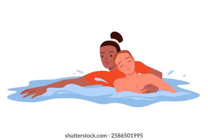 Rescue of drowning man on water by woman lifeguard. Brave female rescuer swimming in blue sea water to beach, girl guard holding unconscious boy to help and save life cartoon vector illustration