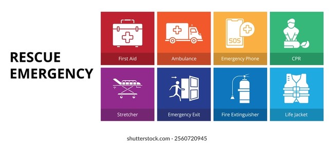 Rescue Emergency Glyph Solid Banner Web Icon Set Vector Illustration