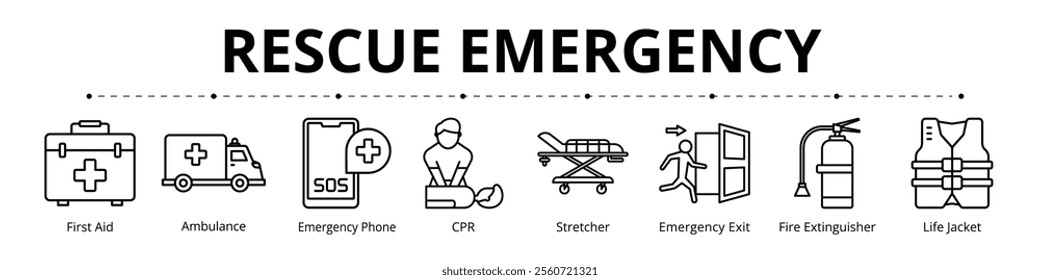 Rescue Emergency Line Banner Web Icon Set Vector Illustration