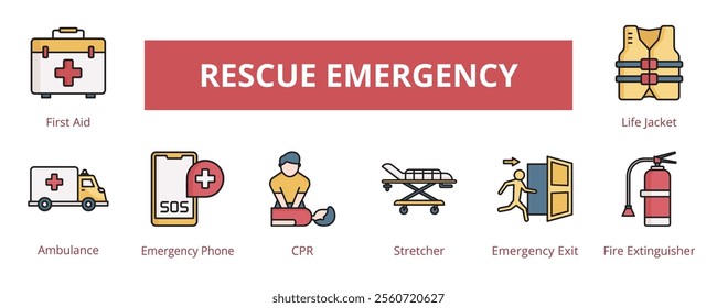 Rescue Emergency Lineal Color Banner Web Icon Set Vector Illustration