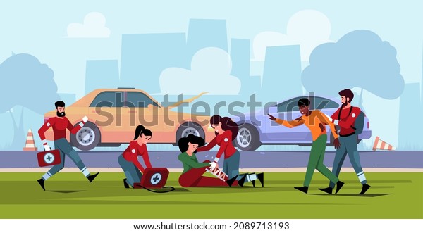 Rescue
emergency. Victims volunteers helping people in nature disaster
destroyed buildings damaged characters medical helpers team
lifeguards garish vector cartoon
background