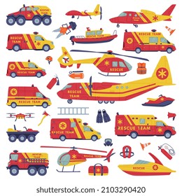 Rescue Equipment with Specialized Machine and Emergency Vehicle for Urgent Saving of Life Vector Set