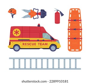 Rescue Equipment with Specialized Machine and Emergency Instrument for Urgent Saving of Life Vector Set