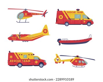 Rescue Equipment with Specialized Machine and Emergency Vehicle for Urgent Saving of Life Vector Set