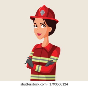 Rescue Female Firefighter Character In Safe Helmet And Uniform. Portrait Of A Lady Fireman In Male Dominated Profession Field
