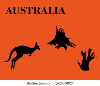 rescue from a fire in Australia, animals, kangaroos, koalas, burning trees, tree stumps, a call for help, extinguishing a fire, inscription australia, silhouette of a kangaroo and trees