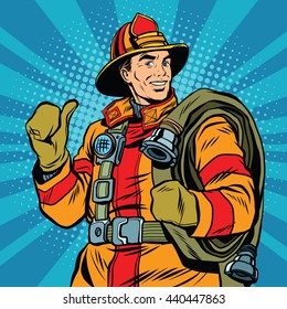 Rescue firefighter in safe helmet and uniform pop art retro vector. The professional rescuer